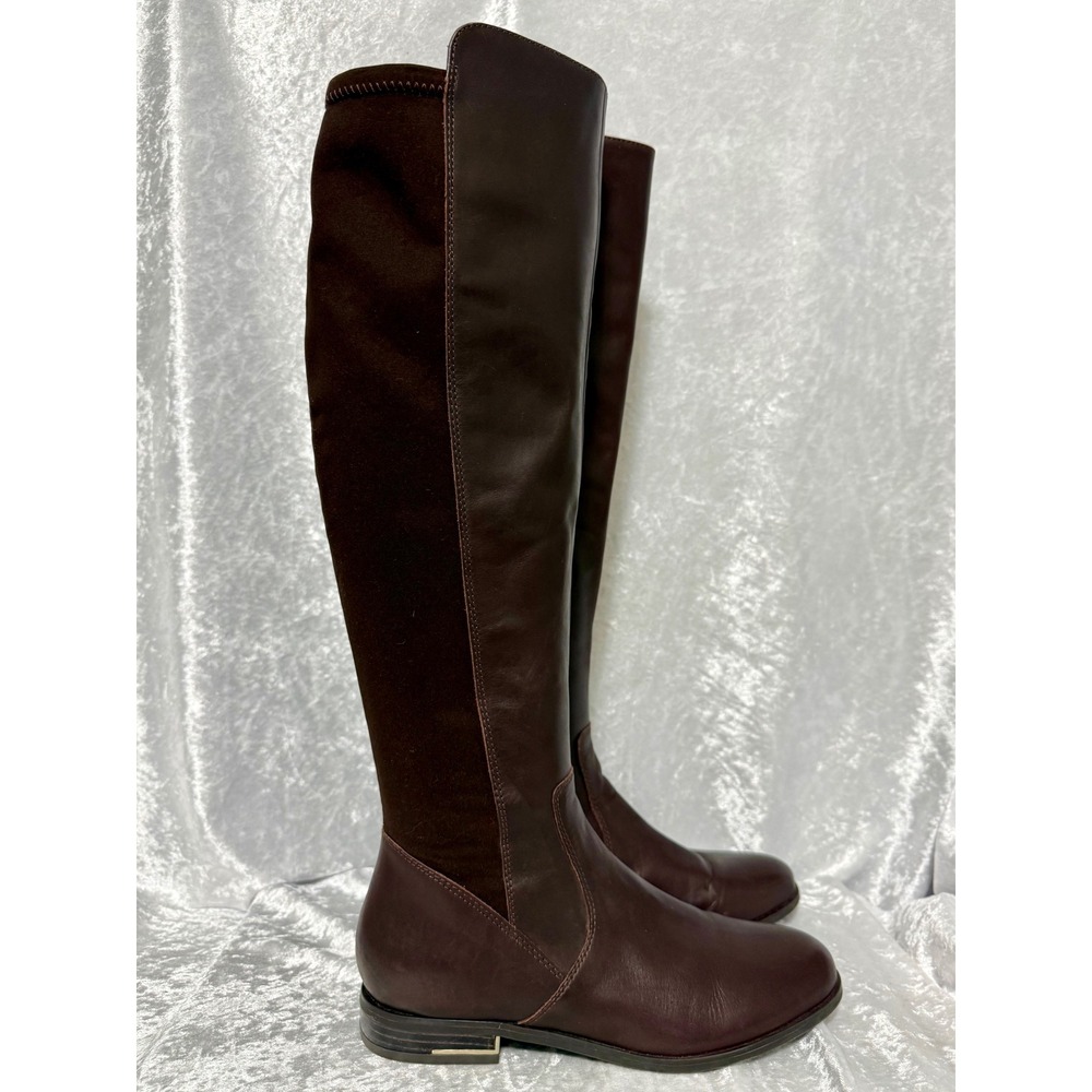 Nine West Levi Dark Brown Leather Tall Riding Boots Women Sz 8M Stretch Panels - Picture 7 of 11